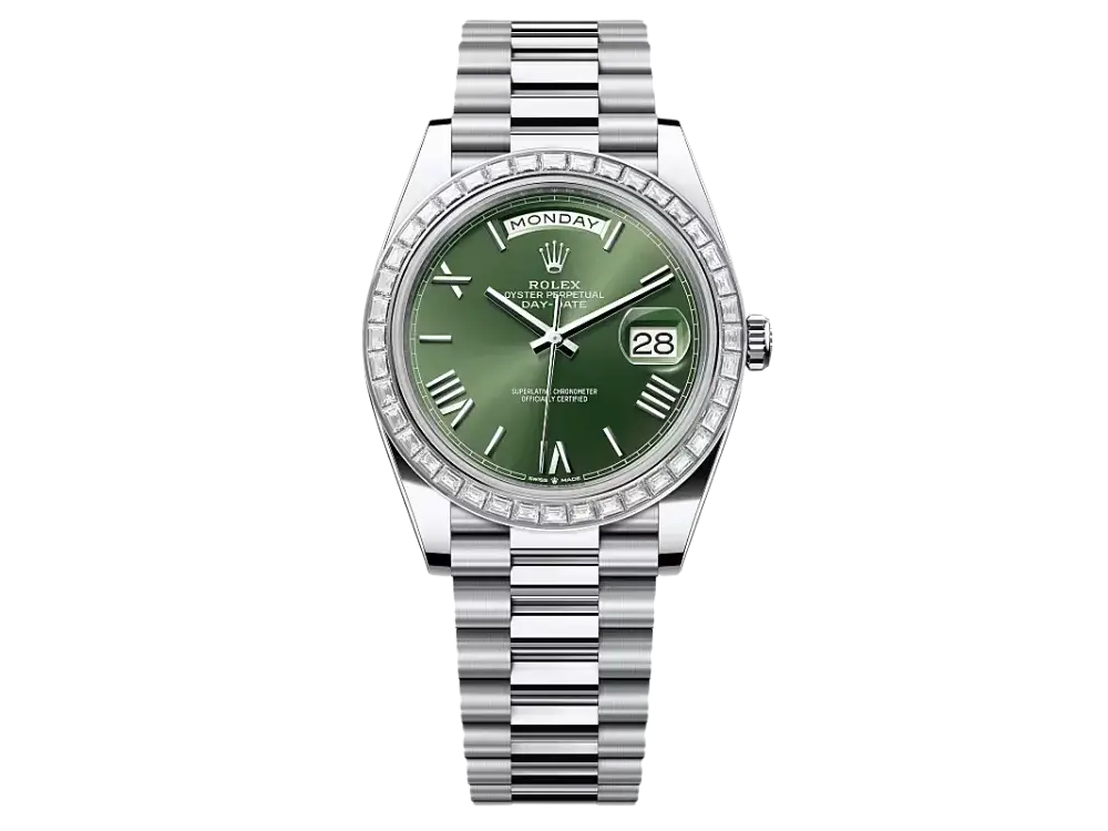 Rolex Day-Date 40 228396TBR Platinum Olive Green Dial Diamond Bezel