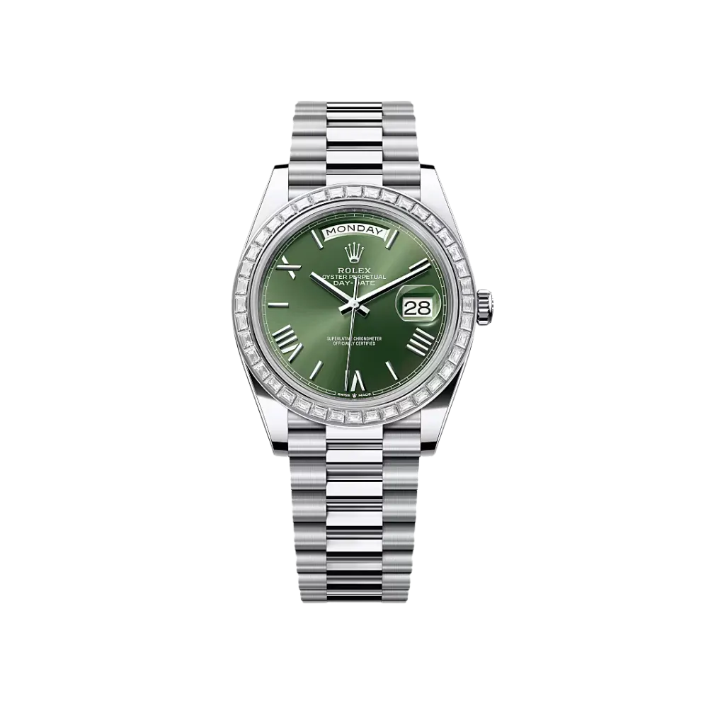 Rolex Day-Date 40 228396TBR Platinum Olive Green Dial Diamond Bezel