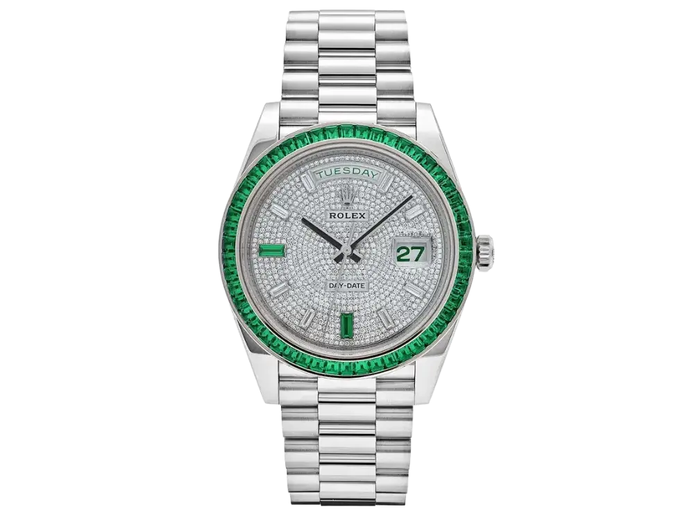 Rolex Day-Date 40 228396TEM Platinum Diamond Dial Emerald Bezel