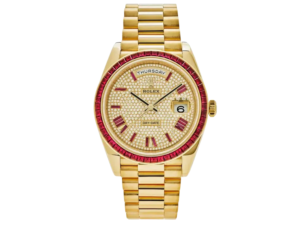 Rolex Day-Date 40 228398TRU Yellow Gold Roman Dial Ruby Bezel