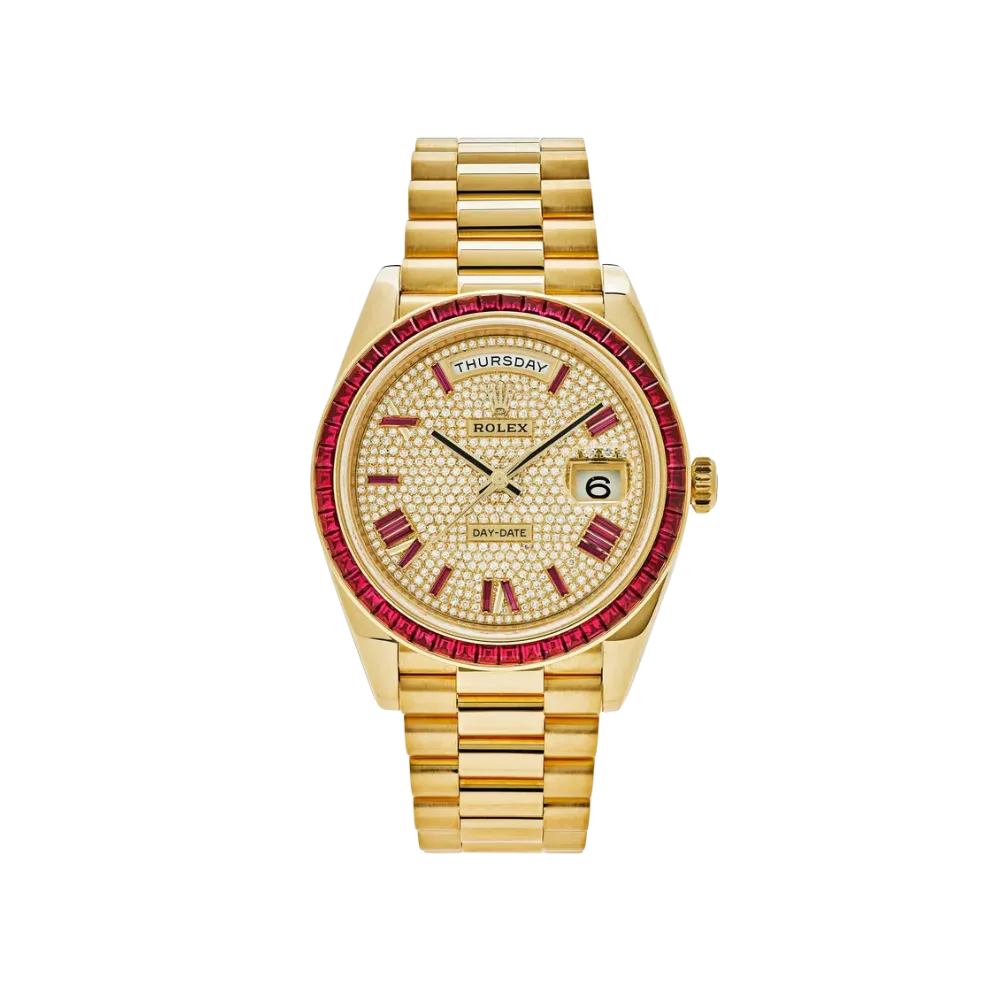 Rolex Day-Date 40 228398TRU Yellow Gold Roman Dial Ruby Bezel