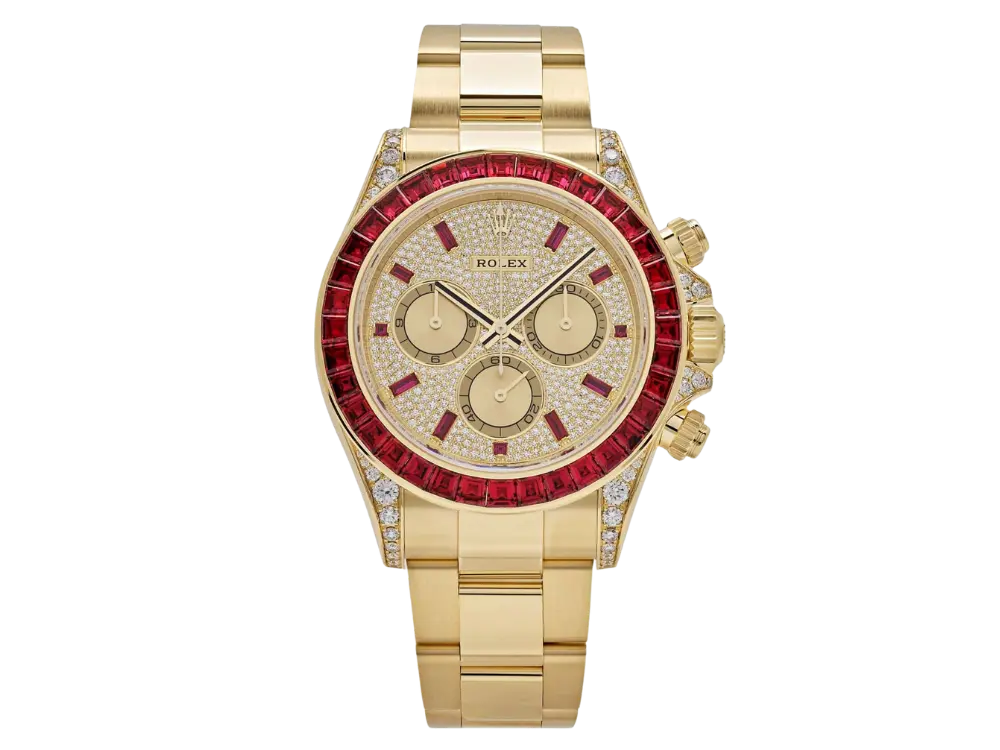 Rolex Daytona 126598TRU Yellow Gold Ruby Bezel Diamond Pave Dial