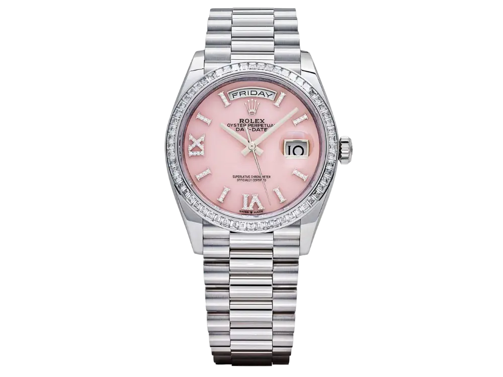 Rolex Day-Date 36 128396TBR Platinum Pink Opal Diamond Dial and Bezel