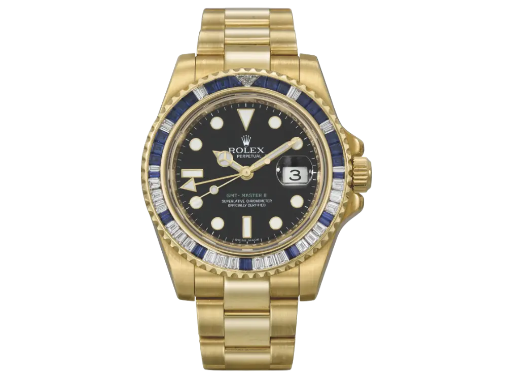 Rolex GMT-Master II 116748SA Yellow Gold Sapphire and Diamond Bezel Black Dial