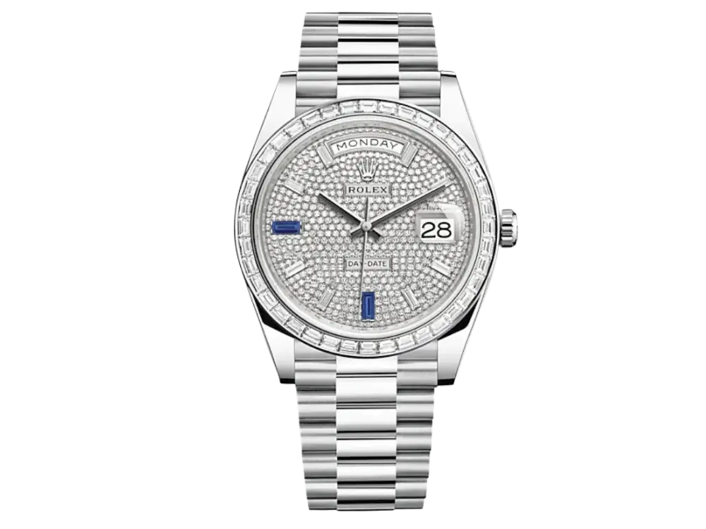 Rolex Day-Date 40 228396TBR Platinum Diamond Bezel Diamond-Paved Sapphire Dial