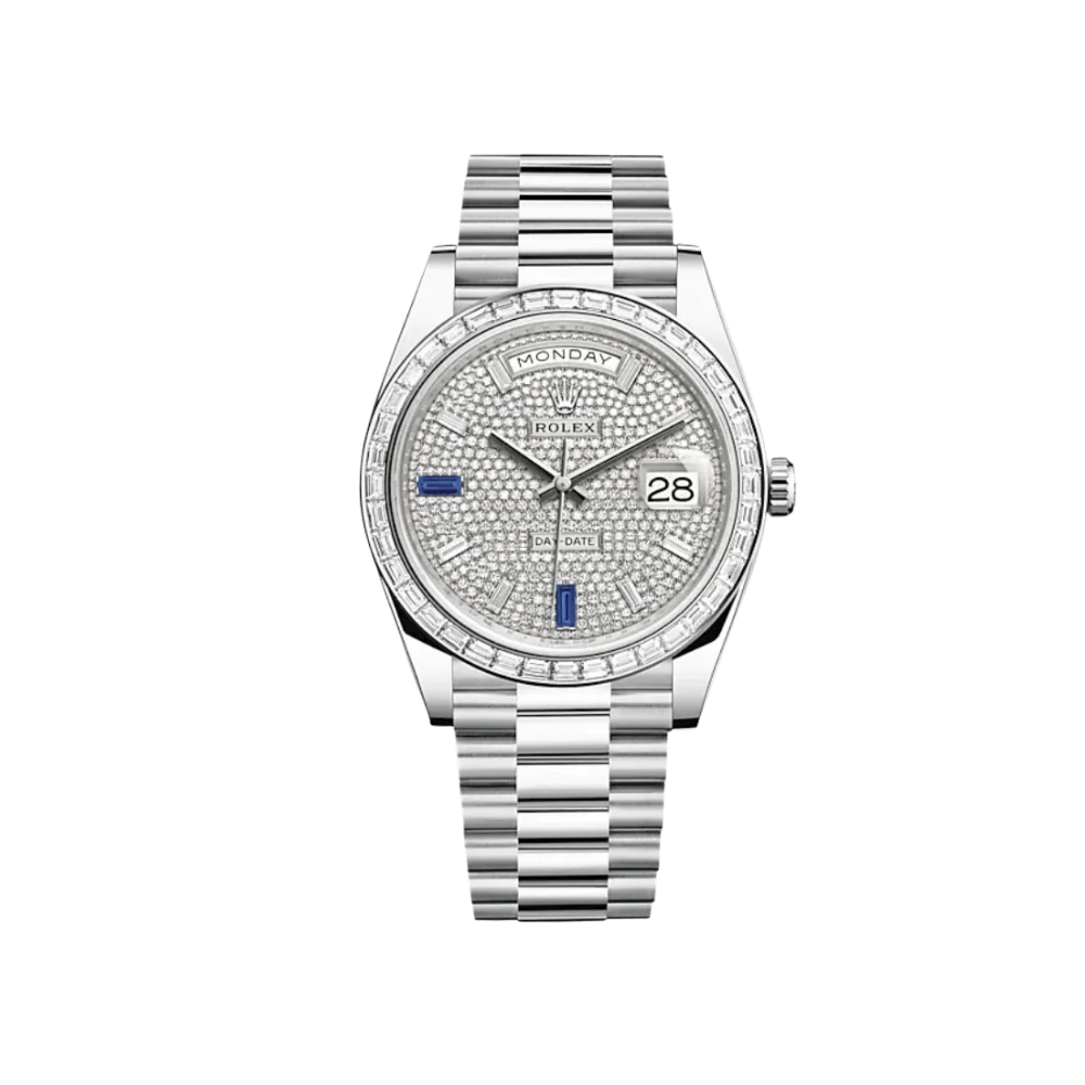 Rolex Day-Date 40 228396TBR Platinum Diamond Bezel Diamond-Paved Sapphire Dial