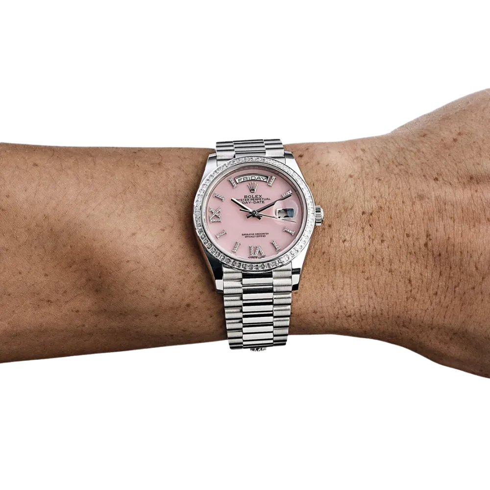Rolex Day-Date 36 128396TBR Platinum Pink Opal Diamond Dial and Bezel - Image 6