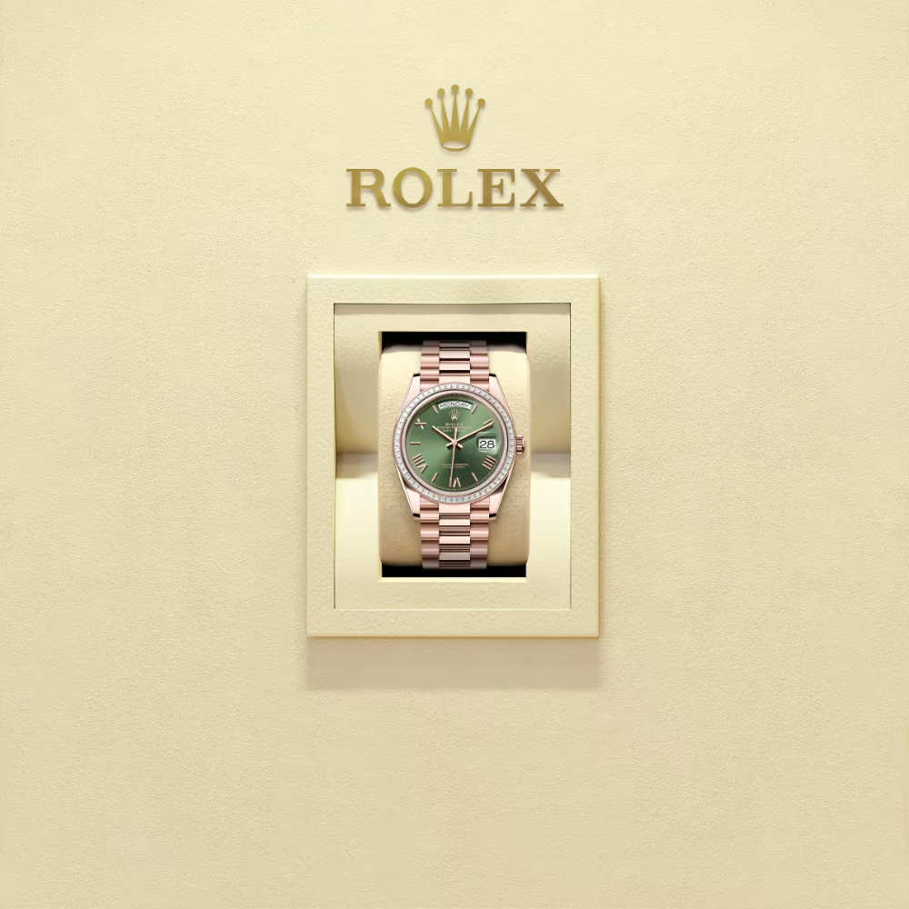 Rolex Day-Date 36 Everose Gold & Diamond Bezel Green Dial 128395TBR – Luxury President Watch - Image 6
