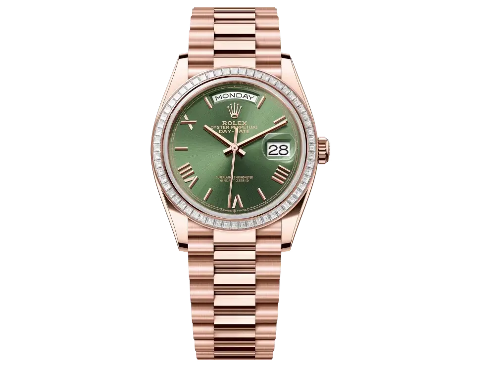 Rolex Day-Date 36 Everose Gold & Diamond Bezel Green Dial 128395TBR – Luxury President Watch