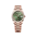 Rolex Day-Date 36 Everose Gold & Diamond Bezel Green Dial 128395TBR – Luxury President Watch